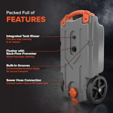 Camco Rhino 21-Gallon Portable Camper/RV Tote Tank - Features Large Heavy-Duty No-Flat Wheels & Low Drain Hole - Includes Removable Steel Tow Adapter, 3’ RV Sewer Hose & More RV Accessories (39002)