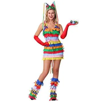 Pinata Costume for Women | Multicolor, Fringed Dress with Horned Headband and Boot Covers | Hallowee...