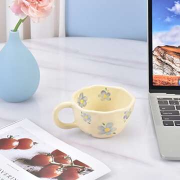 Koythin Ceramic Coffee Mug, Creative Flower Cup for Office and Home, Dishwasher and Microwave Safe, 8.5 oz/250 ml for Latte Tea Milk (Blue Flower)