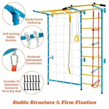 Costzon 7 in 1 Climbing Toys for Toddlers, Indoor Kids Gym for Exercise, Steel Ladder Wall Set with Wall Ladder, Pull-up Bar, Rope, Gymnastic Rings, Solid Wall Set up, Climber Ladder Boys Girls Gift