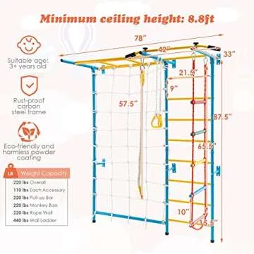 Costzon 7 in 1 Climbing Toys for Toddlers, Indoor Kids Gym for Exercise, Steel Ladder Wall Set with Wall Ladder, Pull-up Bar, Rope, Gymnastic Rings, Solid Wall Set up, Climber Ladder Boys Girls Gift