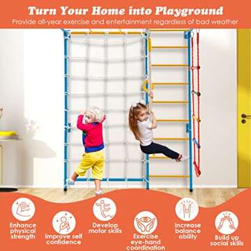 Costzon 7 in 1 Climbing Toys for Toddlers, Indoor Kids Gym for Exercise, Steel Ladder Wall Set with Wall Ladder, Pull-up Bar, Rope, Gymnastic Rings, Solid Wall Set up, Climber Ladder Boys Girls Gift