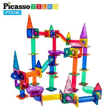 PicassoTiles Marble Run 150-Piece Magnetic Tile Race Track Toy Play Set STEM Building & Learning Educational Magnet Construction Kit Child Brain Development Toys Boys Girls Age 3 4 5 6 7 8+ Years Old