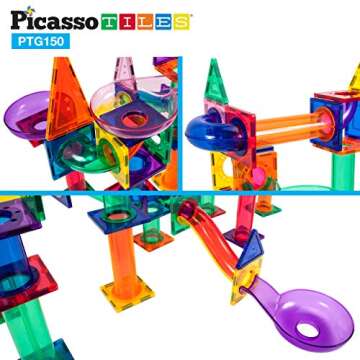 PicassoTiles Marble Run 150-Piece Magnetic Tile Race Track Toy Play Set STEM Building & Learning Educational Magnet Construction Kit Child Brain Development Toys Boys Girls Age 3 4 5 6 7 8+ Years Old