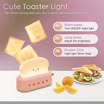 TOOGE Desk Decor Cute Toast Lamp Night Light - Rechargeable Kawaii Decor for Kids and Adults