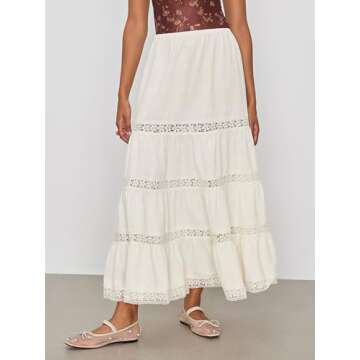 CIDER Santorini Beach Vacation Woven Mid Rise Floral Ruffle Hem Tiered Maxi Skirt: White, L