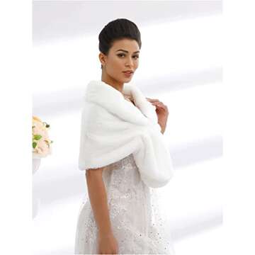 Aukmla Women's White Faux Fur Shawl Wedding Fur Wraps and Shawls Bridal Fur Stoles Scarf with Rhines...