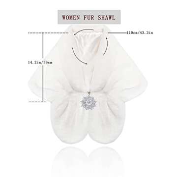 Aukmla Women's White Faux Fur Shawl Wedding Fur Wraps and Shawls Bridal Fur Stoles Scarf with Rhinestones Brooch for Bride and Bridesmaids (White, US 4-14 (S-M))