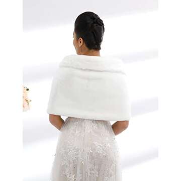 Aukmla Women's White Faux Fur Shawl Wedding Fur Wraps and Shawls Bridal Fur Stoles Scarf with Rhinestones Brooch for Bride and Bridesmaids (White, US 4-14 (S-M))