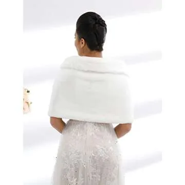 Aukmla Women's White Faux Fur Shawl Wedding Fur Wraps and Shawls Bridal Fur Stoles Scarf with Rhinestones Brooch for Bride and Bridesmaids (White, US 4-14 (S-M))