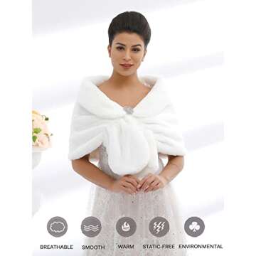 Aukmla Women's White Faux Fur Shawl Wedding Fur Wraps and Shawls Bridal Fur Stoles Scarf with Rhinestones Brooch for Bride and Bridesmaids (White, US 4-14 (S-M))