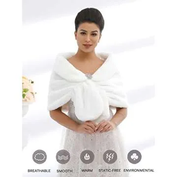 Aukmla Women's White Faux Fur Shawl Wedding Fur Wraps and Shawls Bridal Fur Stoles Scarf with Rhinestones Brooch for Bride and Bridesmaids (White, US 4-14 (S-M))