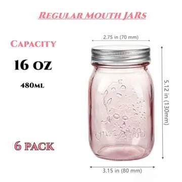 Amzcku 16 oz Rose Pink Mason Jars with Lids, 6 Pack Regular Mouth Quart Canning Jar, Safe For Storag...