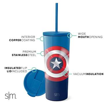 Simple Modern Marvel Captain Marvel Avengers Insulated Tumbler Cup with Flip Lid and Straw Lid | Gif...