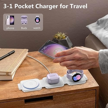 Travel Charger for Samsung Multi Devices, Foldable 3 in 1 Wireless Charging Station Fast Charging Stand/Pad Compatible for Samsung Galaxy S24Ultra/S23/S22/S21/Note20 Galaxy Watch7/6/5/4/3 Galaxy Buds3