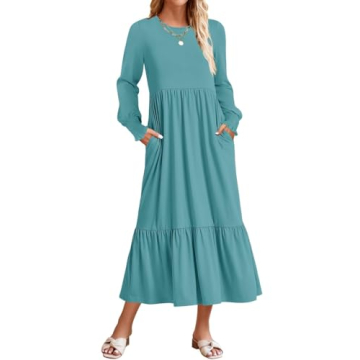 ZESICA Women's Spring Long Sleeve Midi Dress - Elegant & Comfortable with Pockets
