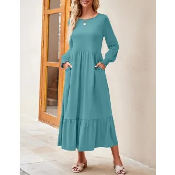 ZESICA Women's Casual Long Sleeve Midi Dress with Pockets