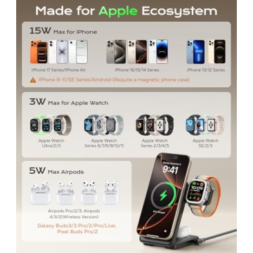 3 in 1 Magnetic Charging Station with 15W Fast Charging and Foldable Design for Apple Devices