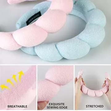Spa Headband for Women, 2 Pack Makeup Headband Sponge Spa Headband Hair Band Accessories for Spa Face Washing Makeup Shower, Blue and Pink