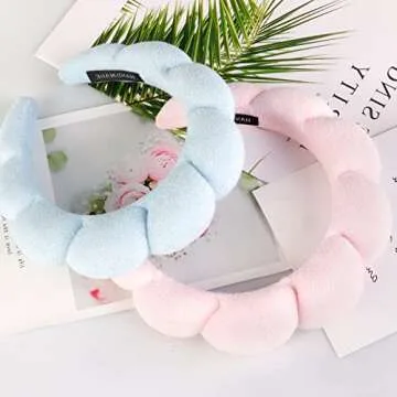 Spa Headband for Women, 2 Pack Makeup Headband Sponge Spa Headband Hair Band Accessories for Spa Face Washing Makeup Shower, Blue and Pink