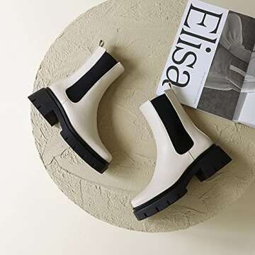 vivianly Women's Chunky Platform Chelsea Boots Mid Calf Boots Square Toe Pull-on Ankle Booties