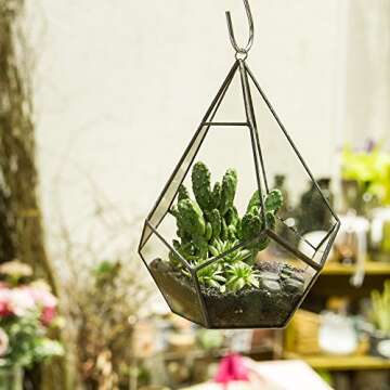 NCYP Hanging Glass Geometric Terrarium for Succulent - 6.8" x 6.8" x 8.6" Indoor Teardrop Shape Plants Planter, Tabletop Decorative Centerpiece, Black Container, Opening, Handmade (No Plants)