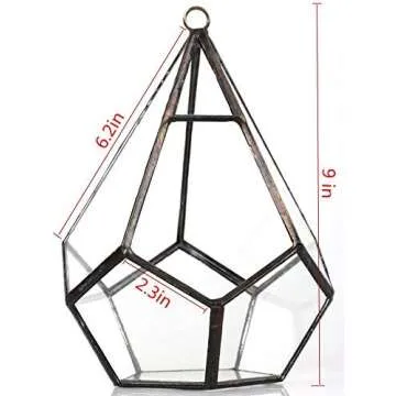 NCYP Hanging Glass Geometric Terrarium for Succulent - 6.8" x 6.8" x 8.6" Indoor Teardrop Shape Plants Planter, Tabletop Decorative Centerpiece, Black Container, Opening, Handmade (No Plants)