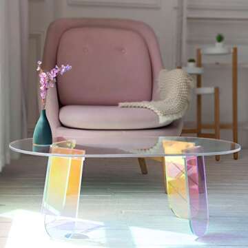 LapEasy Acrylic Coffee Table, Iridescent Glass End Table Round Side Table for Home Living Room Bed Room Office Reception.