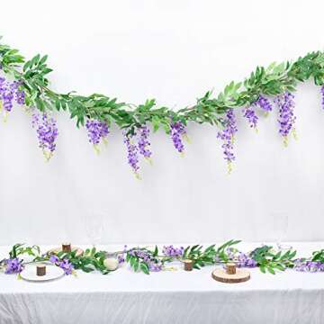DearHouse 2Pcs 6Ft/Piece Artificial Flowers Silk Wisteria Garland Artificial Wisteria Vine Hanging Flower Greenery Garland for Home Garden Outdoor Wedding Arch Floral Decor (Purple)