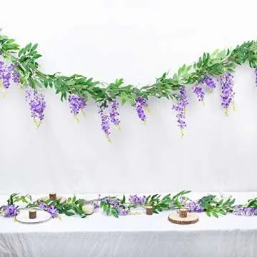 DearHouse 2Pcs 6Ft/Piece Artificial Flowers Silk Wisteria Garland Artificial Wisteria Vine Hanging Flower Greenery Garland for Home Garden Outdoor Wedding Arch Floral Decor (Purple)