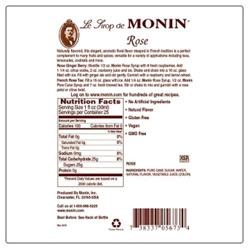 Monin Rose Syrup for Cocktails and Mocktails, Gluten-Free