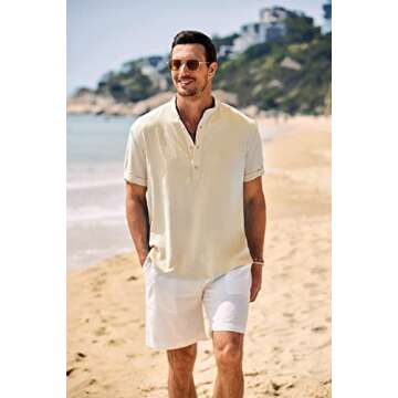 COOFANDY Men Summer Henley Shirts Button Vacation Shirt Collarless Casual Shirt Light Khaki