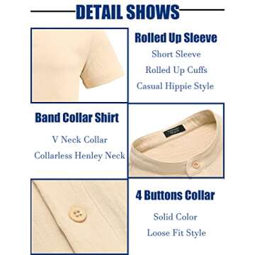 COOFANDY Men Summer Henley Shirts Button Vacation Shirt Collarless Casual Shirt Light Khaki