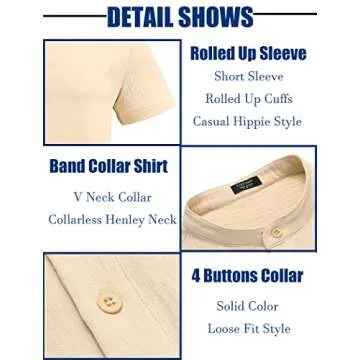 COOFANDY Men Summer Henley Shirts Button Vacation Shirt Collarless Casual Shirt Light Khaki