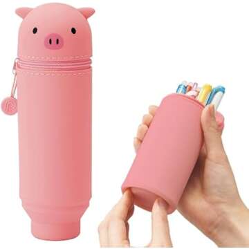 LIHITLAB PuniLabo Stand Up Pen Case (Pen Holder), 2.4" x 7.8", Pig (A7712-5),Medium: 2.4 x 7.8 inches