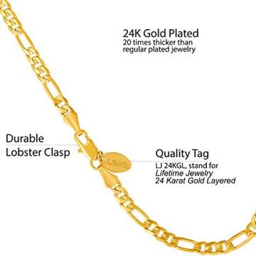 LIFETIME JEWELRY 4mm Figaro Chain Anklet for Women & Men 24k Gold Plated (Gold, 10)
