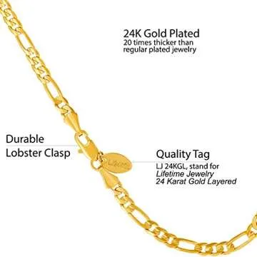 LIFETIME JEWELRY 4mm Figaro Chain Anklet for Women & Men 24k Gold Plated (Gold, 10)