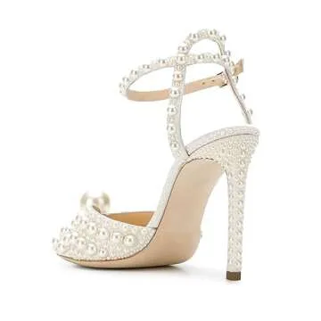 Goolita Womens Peep Toe Stiletto Heeled Sandals Shiny Pearl Buckle Ankle Strap Wedding Pumps Dress Evening Bride Bridal Shoes