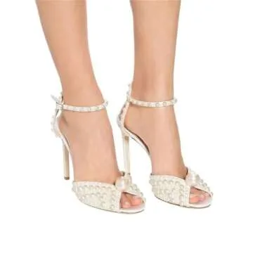 Goolita Womens Peep Toe Stiletto Heeled Sandals Shiny Pearl Buckle Ankle Strap Wedding Pumps Dress Evening Bride Bridal Shoes