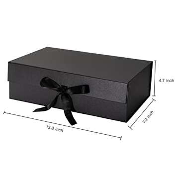 WRAPAHOLIC 2Pcs Black Gift Box with Satin Ribbon, 13.8x7.9x4.7 Inches Collapsible Gift Box with Magnetic Closure for Wedding, Party, Gift Wrap, Bridesmaid Proposal, Storage