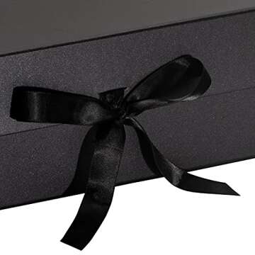 WRAPAHOLIC 2Pcs Black Gift Box with Satin Ribbon, 13.8x7.9x4.7 Inches Collapsible Gift Box with Magnetic Closure for Wedding, Party, Gift Wrap, Bridesmaid Proposal, Storage