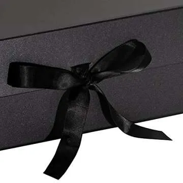 WRAPAHOLIC 2Pcs Black Gift Box with Satin Ribbon, 13.8x7.9x4.7 Inches Collapsible Gift Box with Magnetic Closure for Wedding, Party, Gift Wrap, Bridesmaid Proposal, Storage