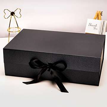 WRAPAHOLIC 2Pcs Black Gift Box with Satin Ribbon, 13.8x7.9x4.7 Inches Collapsible Gift Box with Magnetic Closure for Wedding, Party, Gift Wrap, Bridesmaid Proposal, Storage