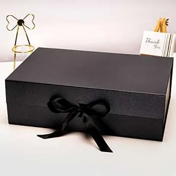 WRAPAHOLIC 2Pcs Black Gift Box with Satin Ribbon, 13.8x7.9x4.7 Inches Collapsible Gift Box with Magnetic Closure for Wedding, Party, Gift Wrap, Bridesmaid Proposal, Storage