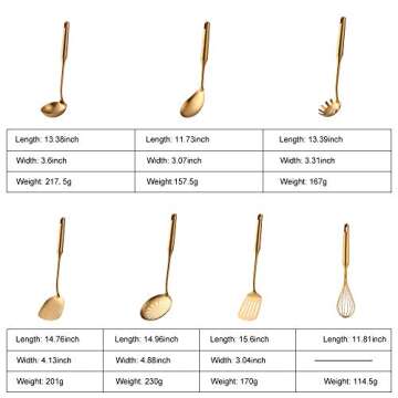 Kitchen Utensil Set -7PCS Gold 18/8(304) Stainless Steel -Wide Spatula,Soup Ladle,Strainer Ladle,Slo...
