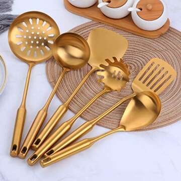 Kitchen Utensil Set -7PCS Gold 18/8(304) Stainless Steel -Wide Spatula,Soup Ladle,Strainer Ladle,Slotted Spatula,Spaghetti Server,Rice Scoop Spoon and Whisk