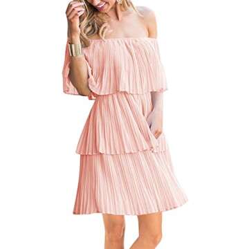 Soesdemo Women's Casual Off The Shoulder Sleeveless Tiered Ruffle Pleated Party Cocktail Dress Pink, Small