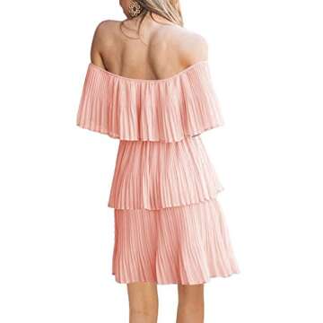 Soesdemo Women's Casual Off The Shoulder Sleeveless Tiered Ruffle Pleated Party Cocktail Dress Pink, Small