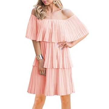 Soesdemo Women's Casual Off The Shoulder Sleeveless Tiered Ruffle Pleated Party Cocktail Dress Pink, Small