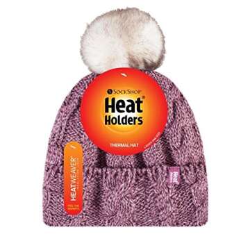 Heat Holders - Womens Thick Knit Thermal Winter Warm Beanie Hat with Pom Pom (One Size, Rose)